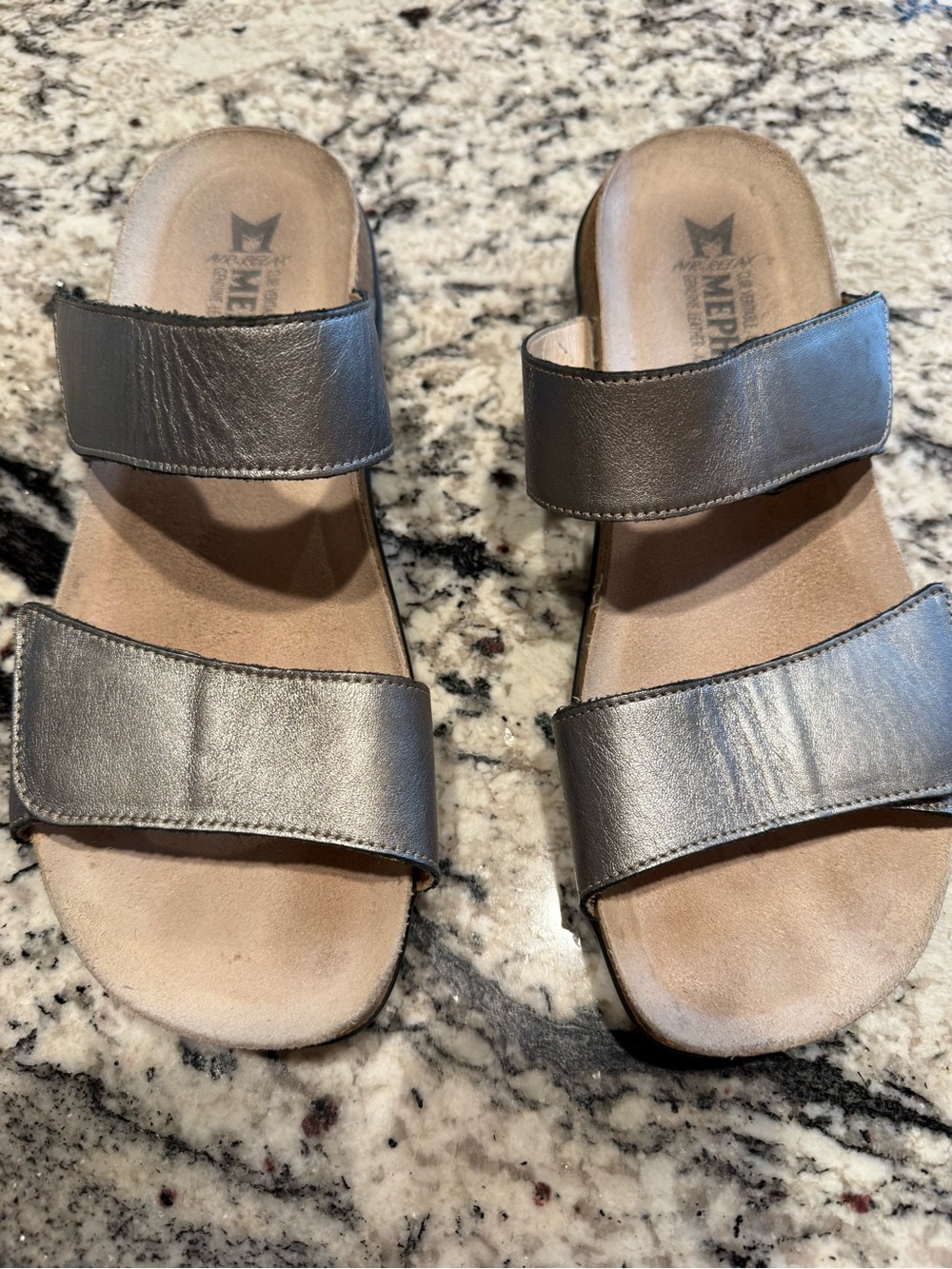 Mephisto Women's Metallic Silver Double-Strap Slide Sandals